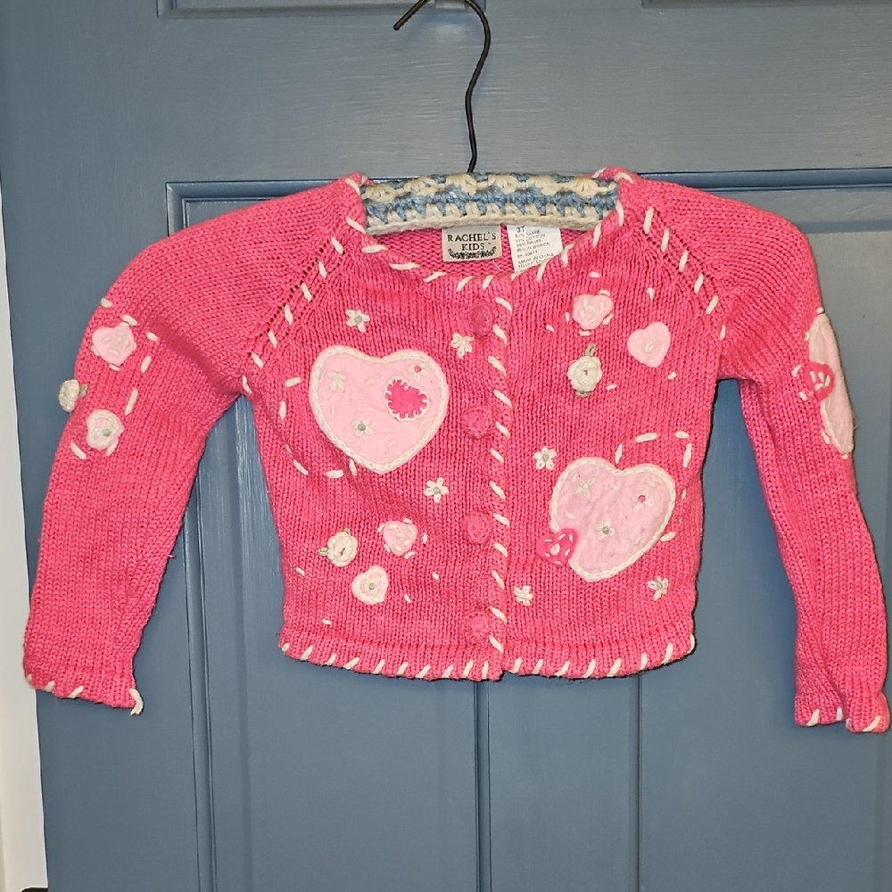 Rachel's Kids Pink Cream Knit Cardigan Vintage 3t Hearts Handmade Stitching